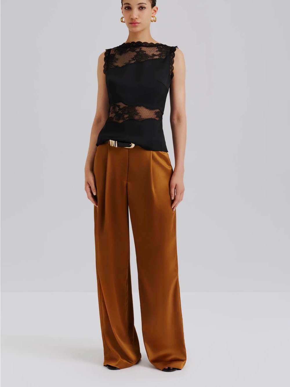 By Malina Wide-Leg Satin elastic waist Trousers in Copper Brown size M NWT